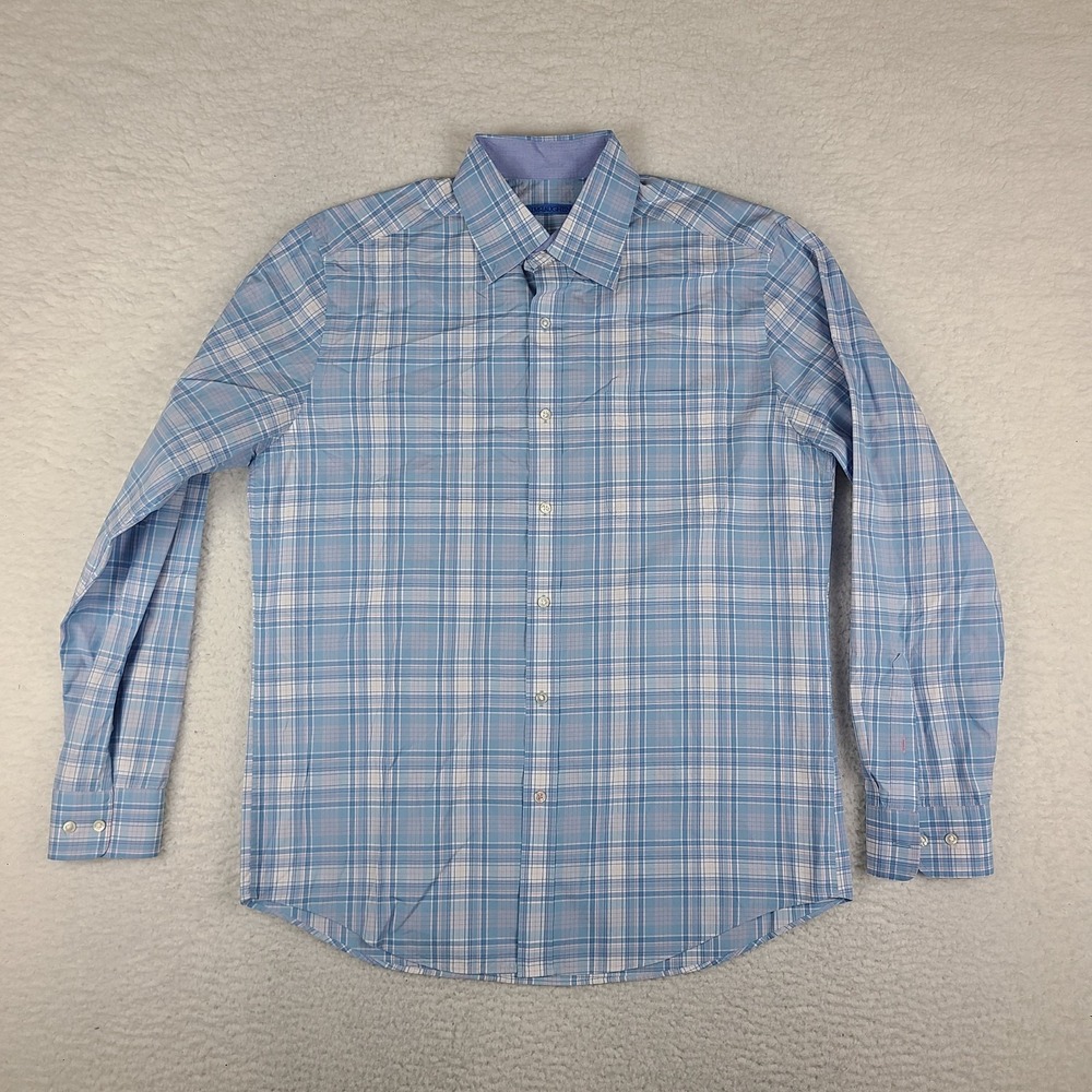J McLaughlin Shirt Mens Medium Blue Plaid Dress 100% Cotton Button Up